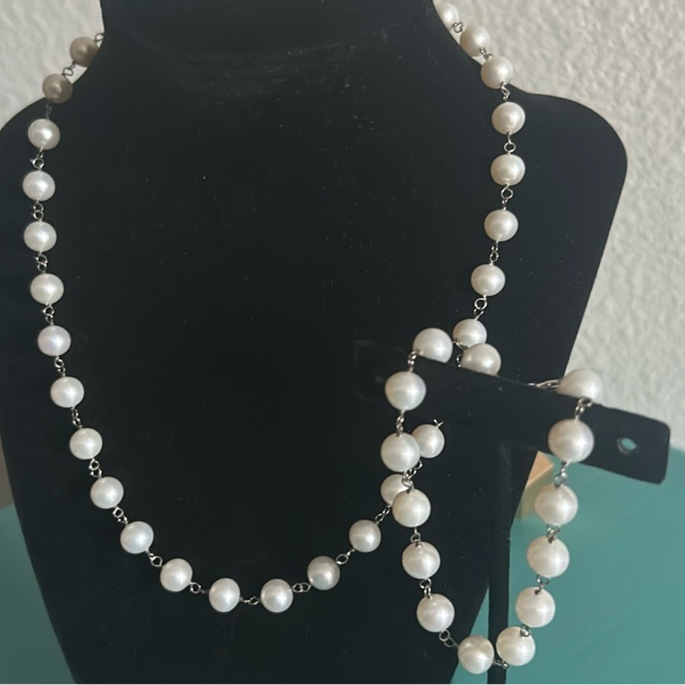 Vintage White Cultured Pearl and Silver Tone Link Necklace and Bracelet Set